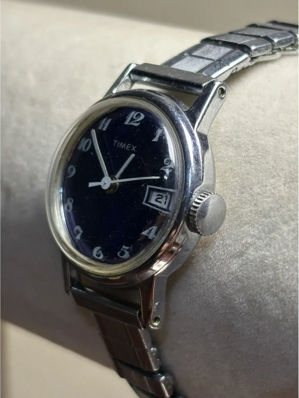 Rare Vintage Timex Blue Dial Manual Wind Date Watch Chrome Mechanical Runs 1970s